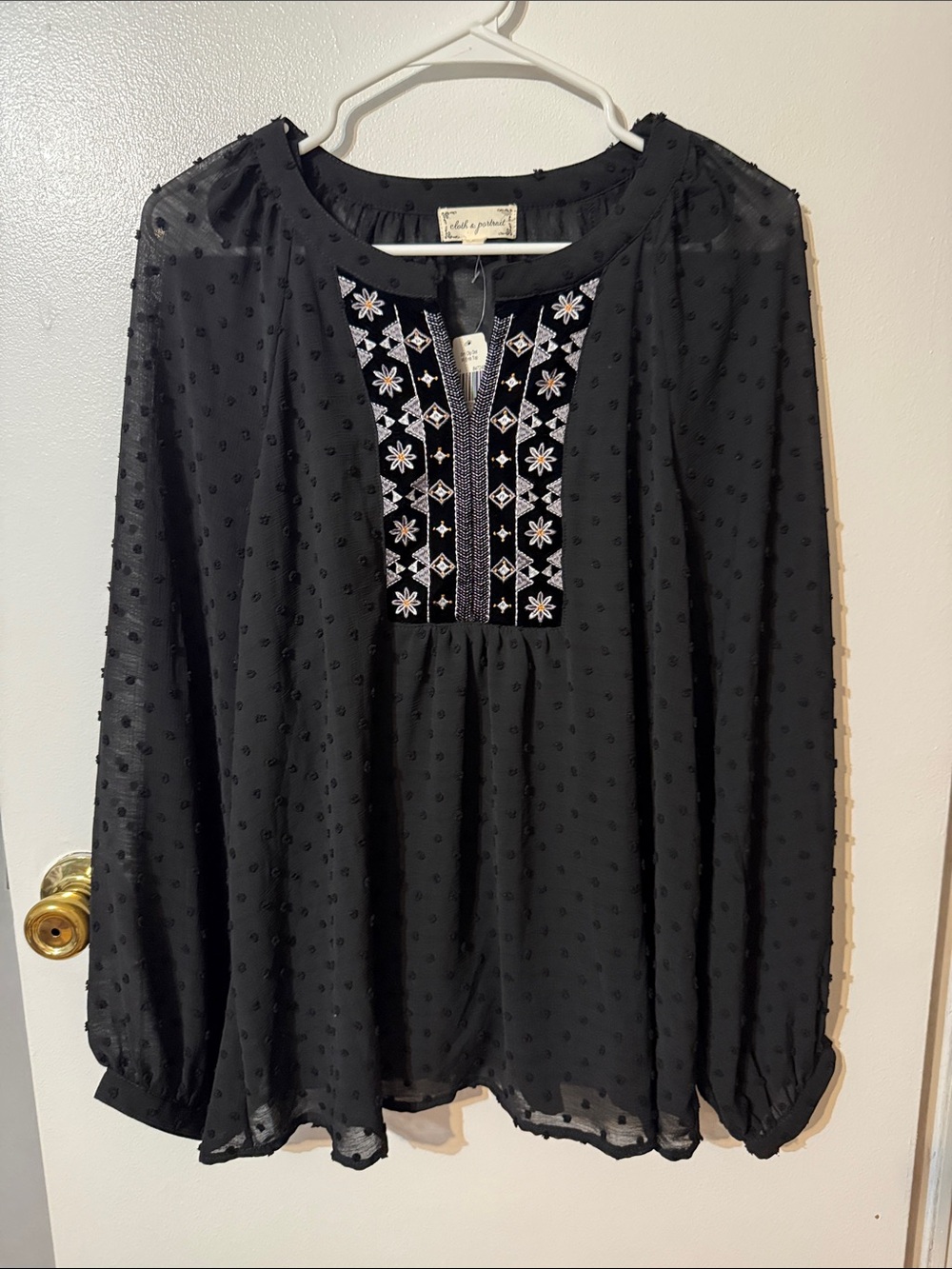 Black Embroidered Swiss Dot Peasant Tunic by